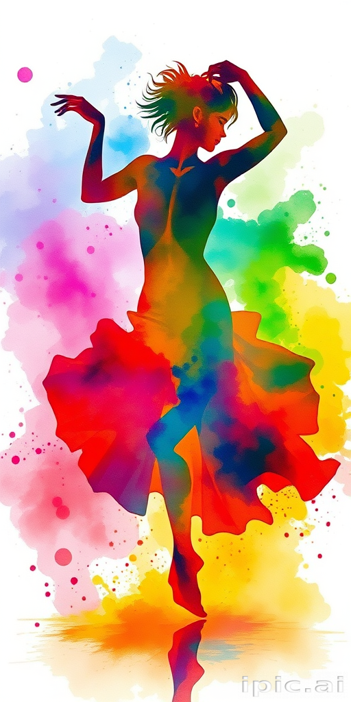 Watercolor splash silhouette of dancing figure on hip, fluid movement captured in vibrant rainbow hues bleeding into one another