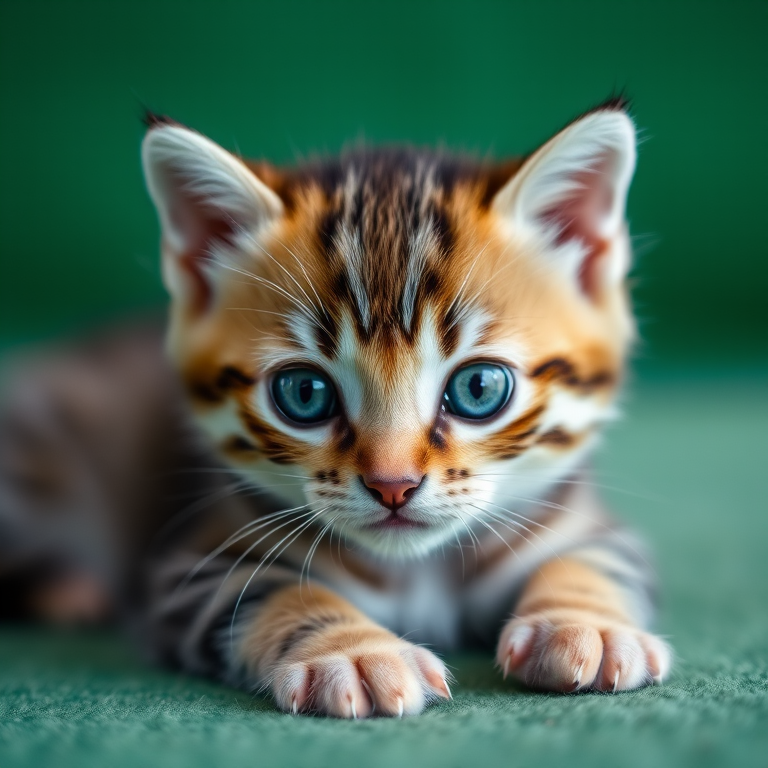a close-up of a small tabby kitten with blue eyes lying on a soft green surface, looking directly at the camera with a calm expression