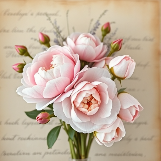 Create a vintage floral arrangement featuring soft pink peonies and rosebuds against a textured beige background with faded handwritten text, using a Canon EOS 5D Mark IV, aperture f/2.8, shutter speed 1/125s, ISO 200, with a shallow depth of field for a soft bokeh effect.