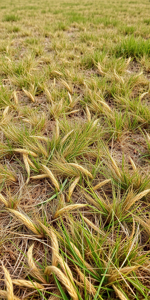 capture a wide-angle shot of a grassy field with dry and green patches, using a DSLR camera with a 24mm lens, aperture f/8, ISO 200, natural lighting, and a depth of field to emphasize texture in the grass