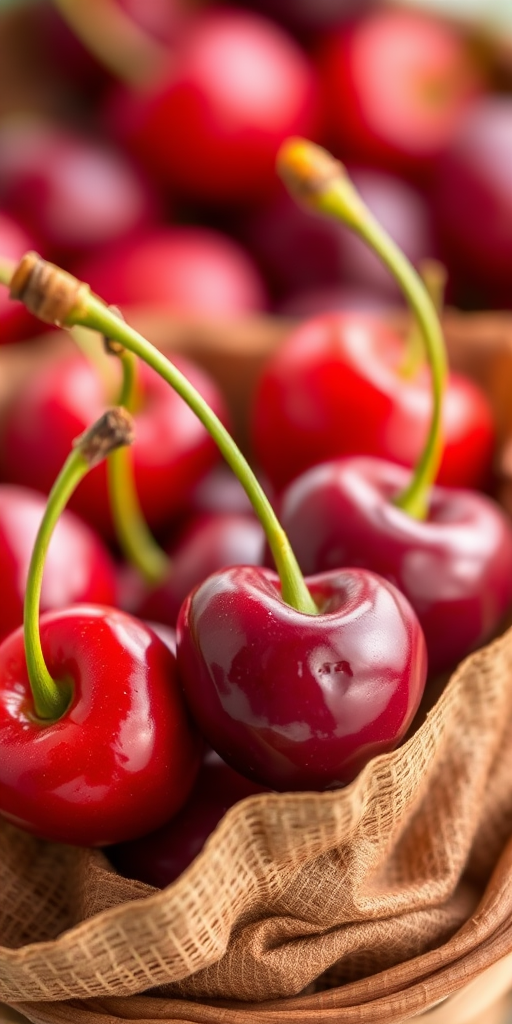 cherries in a textured paper basket with vibrant colors and a soft focus background, captured with a Canon EOS 5D Mark IV, 50mm lens, f/2.8 aperture, ISO 100, natural light, macro photography