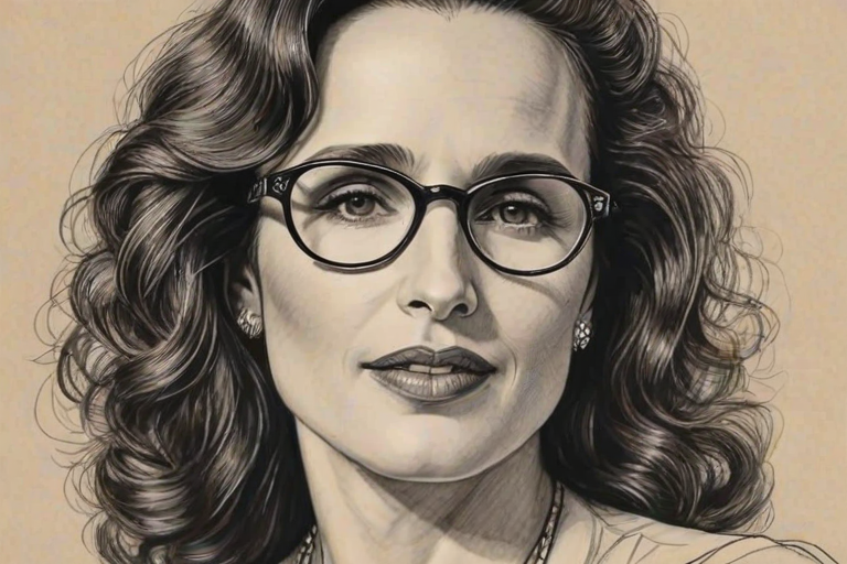 Appealing Andie MacDowell, pencil sketch, portrait of Dazzling woman 1920s in glasses, hair style beatnik, outline, clear lines, fine lines, 8k