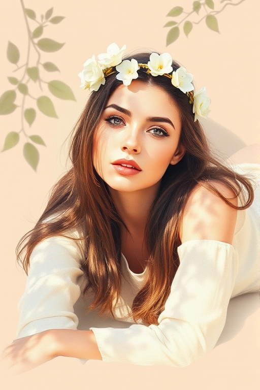 create a watercolor painting of an ethereal portrait of beautiful Kurdish woman with a simple white flower crown on her head. Her hair is long and she is lying on the ground. The sunlight on the trees casts shadows from the leaves on her face and body. The background is a neutral brown color that matches her skin tone. The image is minimalist and solid colors. This style is characterized by soft, delicate brushstrokes and a light, airy, contrasting color palette. High level of detail and play of light