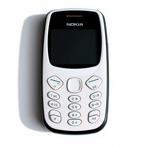Generate a high-resolution image of a Nokia 3310 mobile phone with a clean background, using a DSLR camera at f/2.8 aperture, 50mm lens, 1/60 shutter speed, and soft natural lighting to enhance details and colors.