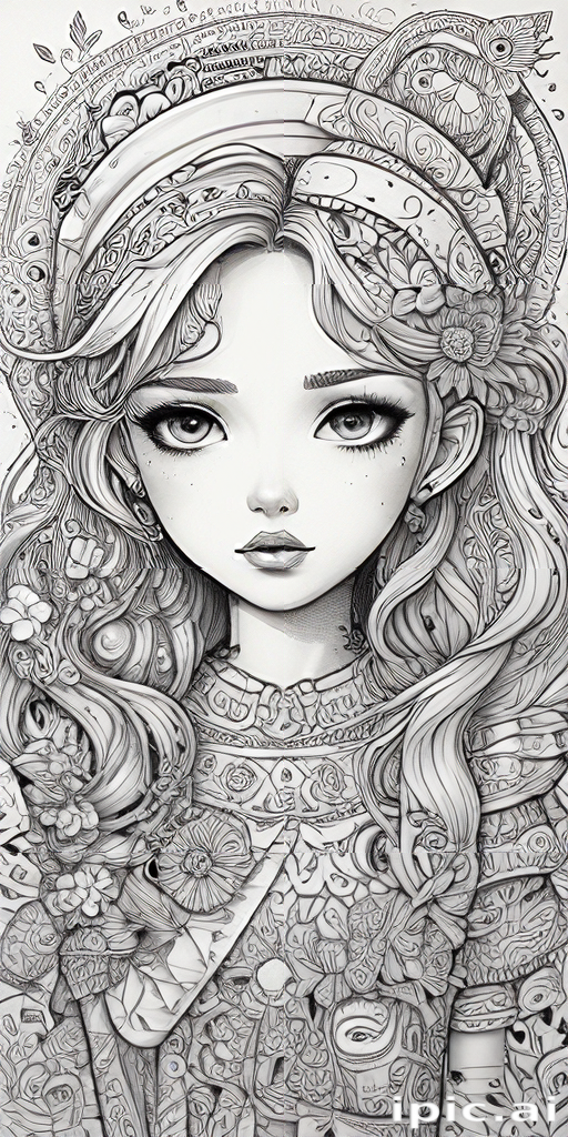 Intricate Line Art Portrait of a Young Woman Surrounded by Floral Patterns