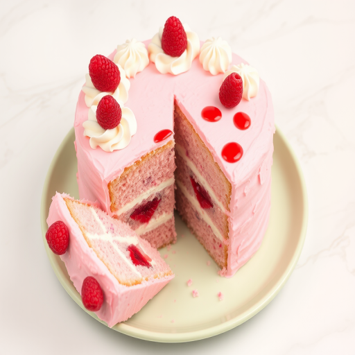 Create an image of a beautifully decorated pink cake with cream frosting and raspberry filling. The cake should have a fluffy texture and be topped with swirls of whipped cream and small dollops of raspberry sauce. It is placed on a pastel green plate and a slice has been removed to show the layers inside. The background should be a light marble surface.