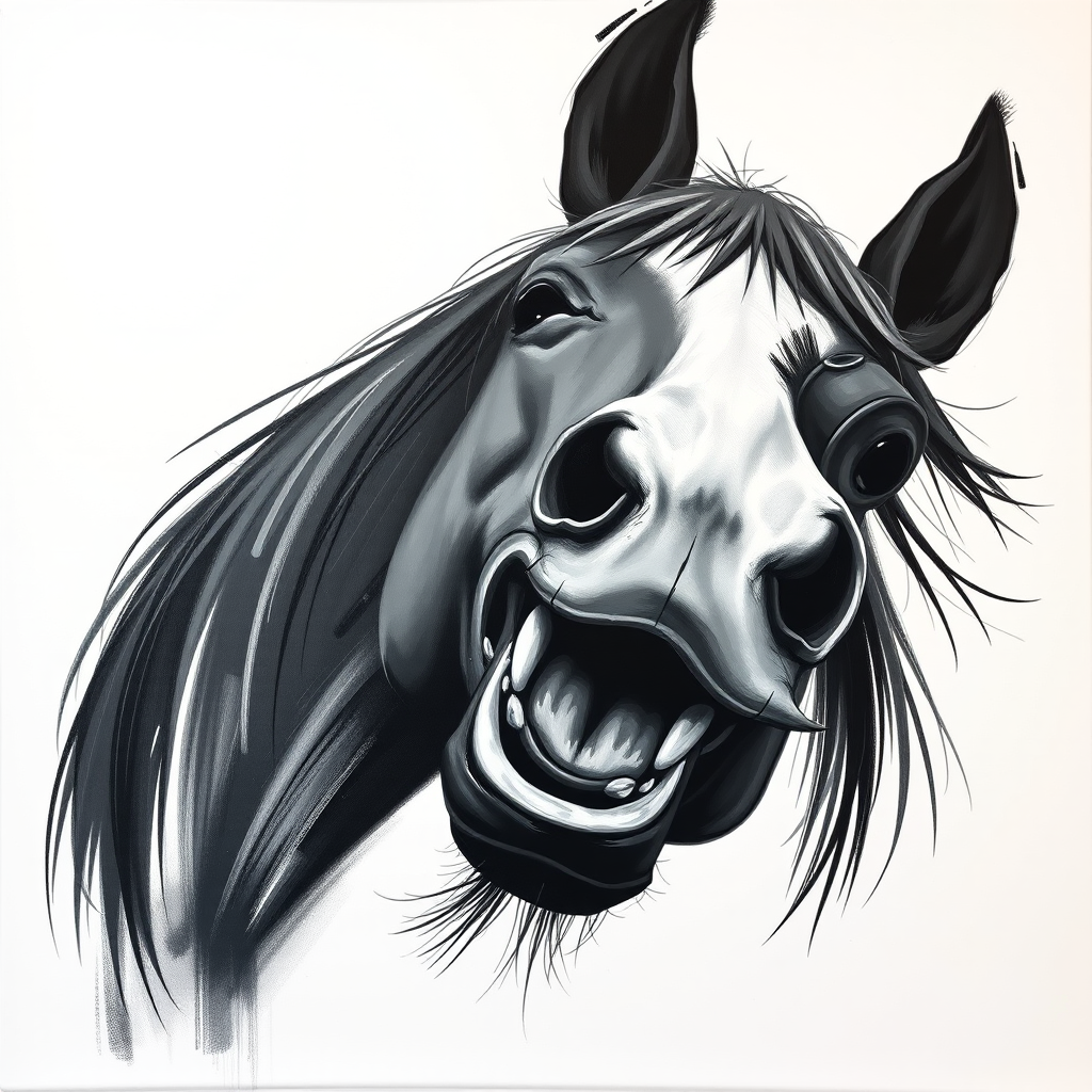 Abstract black and white acrylic portrait of an over exaggerated laughing (horse). Minimalism style. White background.