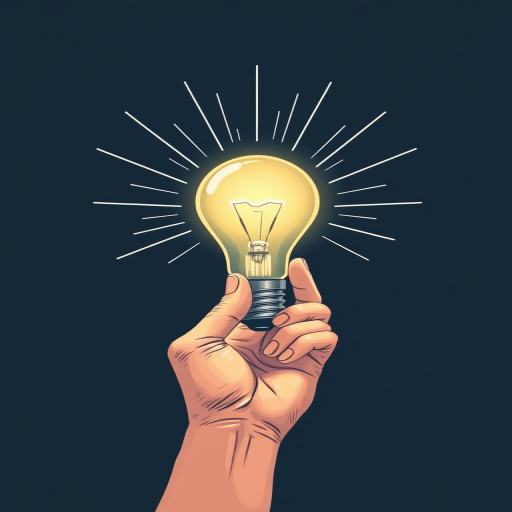 Create a high-resolution illustration of a hand holding a light bulb with rays of light radiating outwards, using a 50mm lens, f/2.8 aperture, and ISO 100, shot from a slightly elevated angle to capture depth and detail, in a minimalist style for clarity.