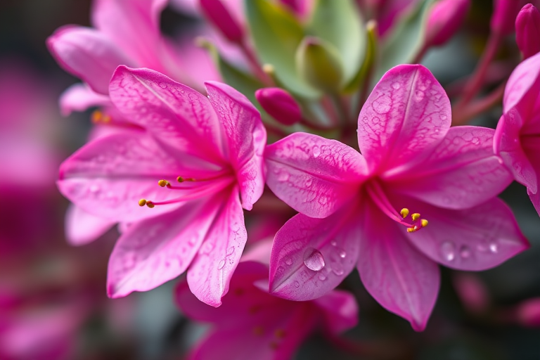 Close-up shot of pink oleander flowers with dew droplets, soft-focus background, aperture f/2.8, shutter speed 1/200, ISO 100, natural light, DSLR camera, macro lens.