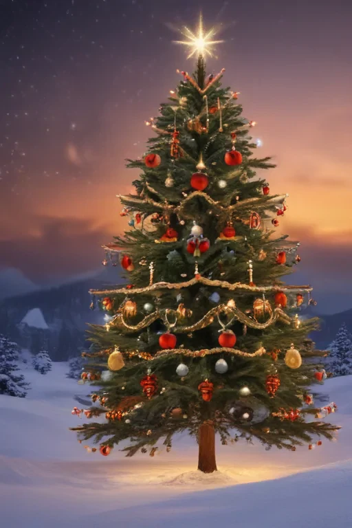 A Beautifully Decorated Christmas Tree Glowing in a Winter Wonderland.