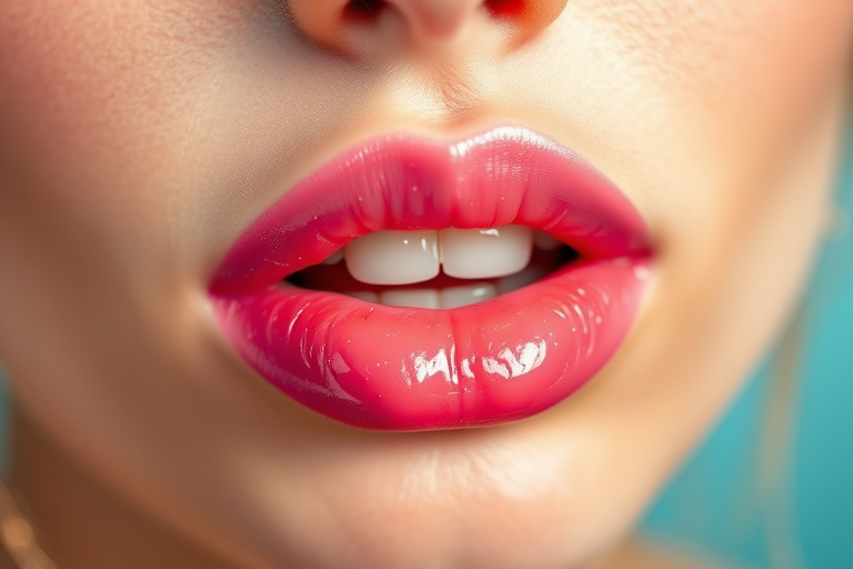 Glossy bubblegum pink lips with a hint of sparkle, youthful and fun, reminiscent of sweet treats and carefree summer days