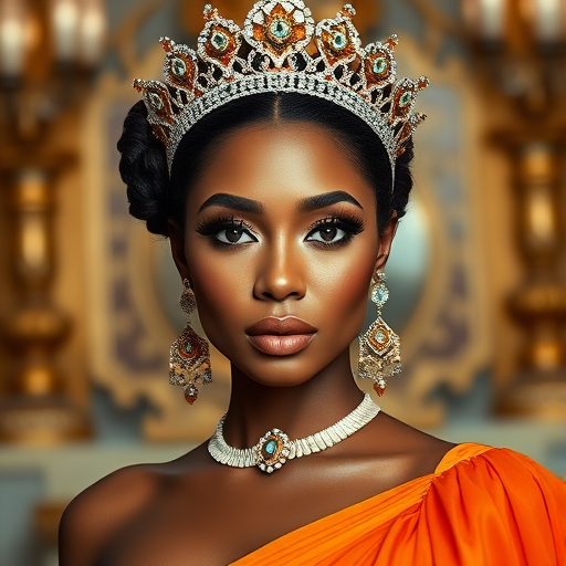 A gorgeous Tongan woman in a luxurious orange gown, accessorized with a dazzling tiara and statement earrings, her deep cyan eyes highlighted by impeccable makeup, poised in a royal setting, photorealistic, 8K quality
