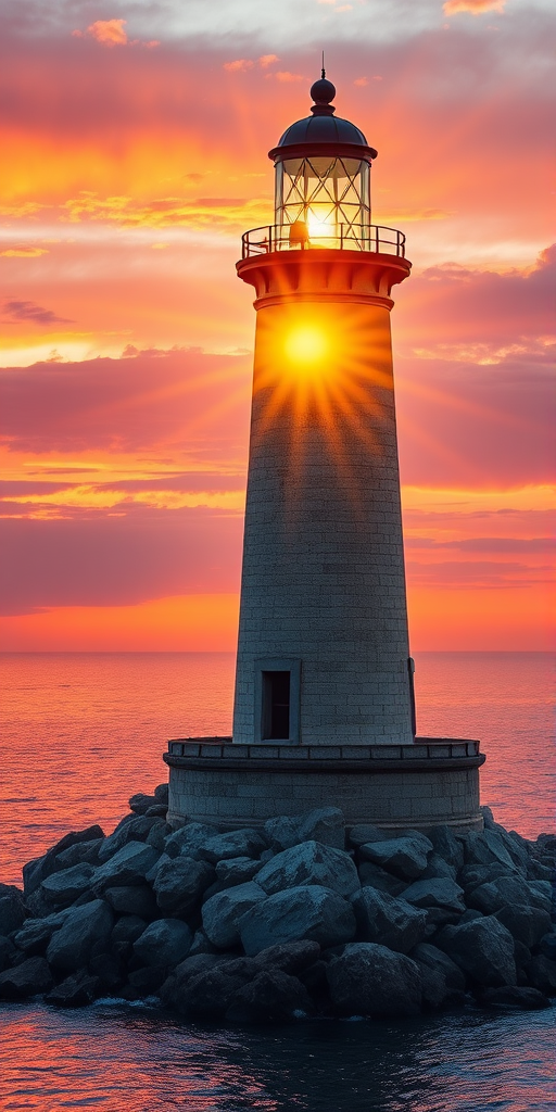 Generate an image of a tall lighthouse perched on a rocky outcrop surrounded by calm ocean waters during a breathtaking sunset. The lighthouse stands sturdy and weathered, its stone surface illuminated by the warm golden light of the setting sun. The sun's rays pass directly through the glass lantern room at the top of the lighthouse, casting a brilliant light across the scene. The sky is painted with vibrant shades of orange, pink, and purple, reflecting off the tranquil sea. The surrounding water shimmers with the same warm hues, creating a serene and majestic atmosphere.
