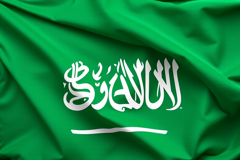 Create a high-resolution image of the Saudi Arabian flag with vibrant colors, using a DSLR camera at f/8 aperture, ISO 100, 50mm lens, top-down view, and natural lighting for clarity and detail.
