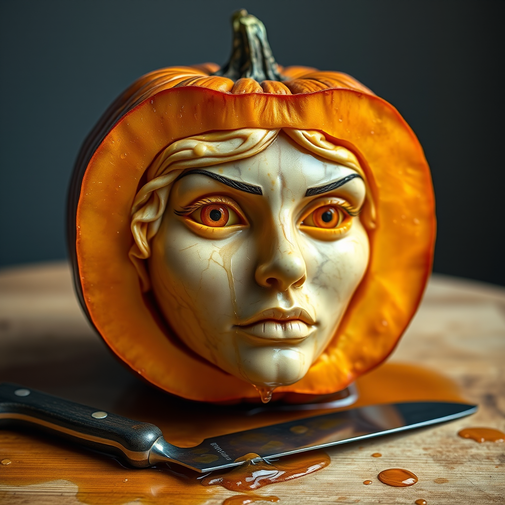 A hyperdetailed photorealistic macro color saturated high resolution image of a pumpkin cut in half, with the pumpkin pit being a highly detailed sculpted woman's face with her eyes open and pumpkin-colored irises. The face has a marble texture. The image includes condensation, moisture, and pumpkin juice. The pumpkin is on a wooden cutting board with a small fruit knife nearby, also covered with juice.
