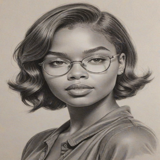 Wonderful Ryan Destiny, pencil sketch, portrait of Radiant woman 1953s in glasses, hair style beatnik, outline, clear lines, fine lines, 8k