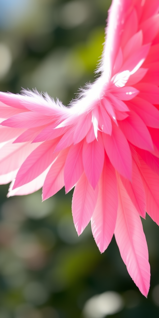 Create a vibrant and detailed illustration of pink angel wings, focusing on intricate feather patterns and a glossy texture, captured using a DSLR camera with a 50mm lens at f/2.8, ISO 100, in natural light with a shallow depth of field to emphasize the wings against a blurred background.