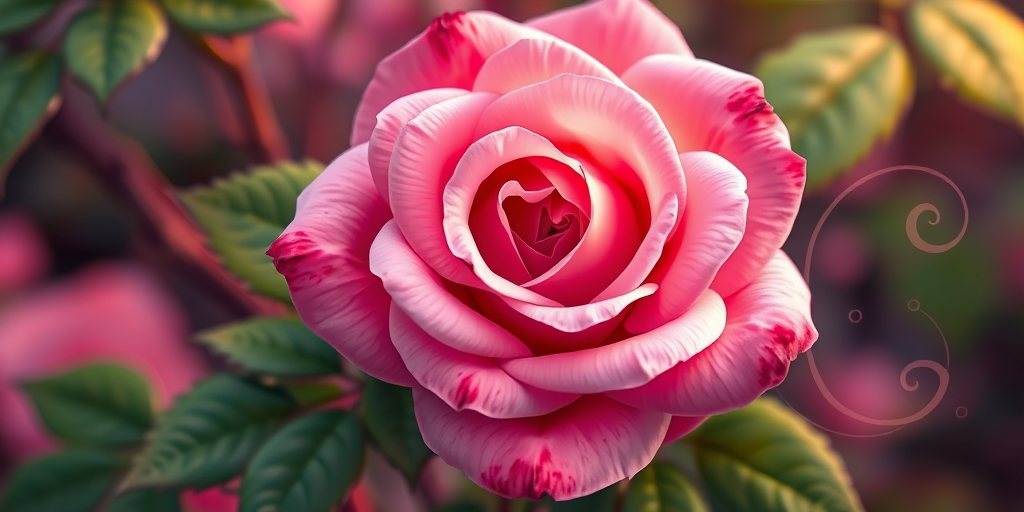 Create a vibrant digital illustration of a pink rose with green leaves and swirling tendrils, using a high-resolution camera at f/2.8 aperture, 50mm lens, and soft focus style to enhance color and detail.