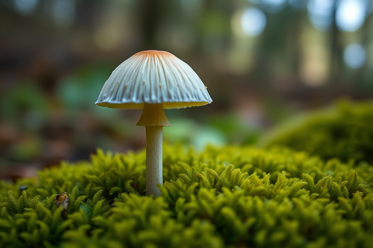 A close-up of a delicate mushroom with a pale cap rising from lush green moss, surrounded by a softly blurred forest background, shot with a DSLR camera at f/2.8, ISO 100, 1/250s, with a macro lens for enhanced detail and depth of field.