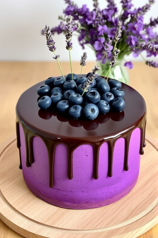 A beautifully crafted purple cake with a glossy chocolate drip, topped with fresh blueberries and lavender sprigs, sitting on a light wooden board with a backdrop of purple flowers in a vase.