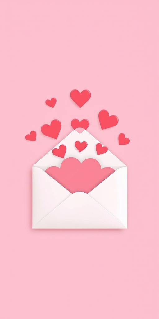Create a minimalist illustration of an envelope with hearts bursting out, against a soft pink background, using a digital art style with high resolution, shoot with a Canon EOS R5 at f/4, 50mm lens, ISO 100, and a shutter speed of 1/200s for clear details.