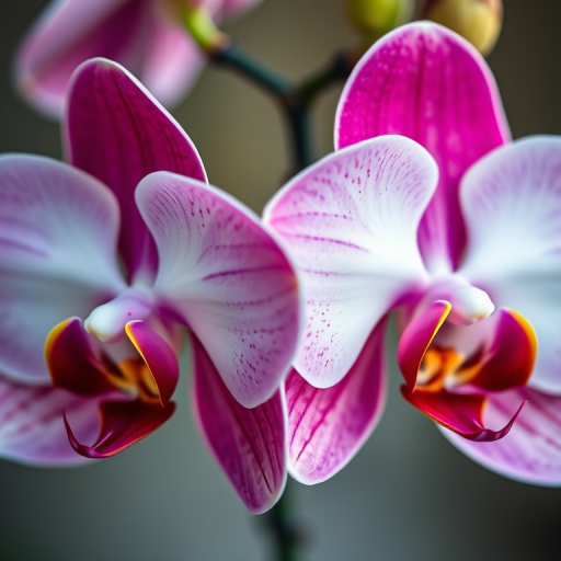 High-resolution macro shot of three vibrant orchids with rich maroon and white petals, soft natural lighting, f-stop 2.8 for shallow depth of field, ISO 100, 1/200 sec shutter speed, taken with a Canon EOS 5D Mark IV, using a 100mm macro lens.