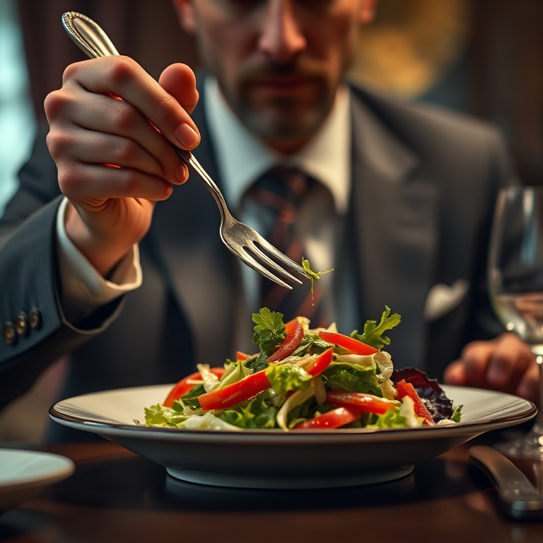 detailed edges, detailed image, perfection style, A cinematic detailed image of a man in a suit eating a salad with a fork, movie themed, sharp, detailed background, epic cinematic photography, artistic style, dramatic light style, cinematic color style, Kodak 35mm film style, detailed style, hand focus style, holding, food, table, knife, plate, realistic, spoon, fork, holding fork, food focus, vegetable, 1boy, fingernails, out of frame, photorealistic