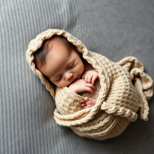 newborn baby swaddled in a soft knitted blanket, sleeping peacefully on a textured gray background, soft natural lighting, 50mm lens, aperture f/1.8, ISO 200, shallow depth of field, high resolution, taken with a DSLR camera