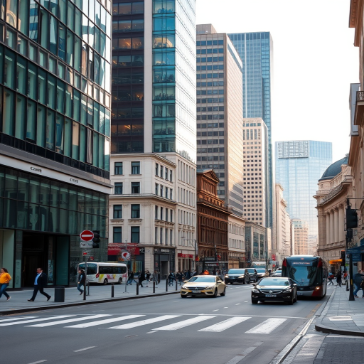 Generate an urban cityscape image of a busy street in Warsaw with modern skyscrapers and historical architecture, capturing reflections on glass buildings, using a Canon EOS R5, 24mm lens, aperture f/8, ISO 100, 1/250s, midday lighting for vibrant colors.