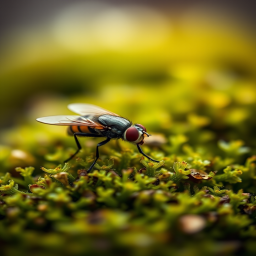 macro shot of a fly perched on green moss with shallow depth of field, f/2.8, 1/250s, ISO 100, 100mm lens, natural light, DSLR camera, focused background with bokeh effect