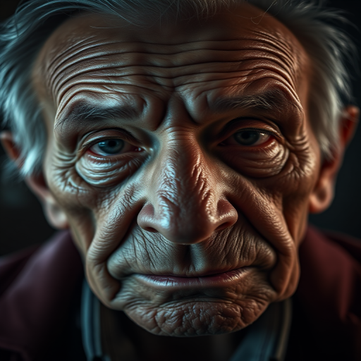 Create a high-resolution portrait of an elderly man with a somber expression, capturing deep wrinkles and age lines, using a Canon EOS R5 camera with a 50mm f/1.2 lens, aperture set to f/2.8, ISO 100, 1/125 sec shutter speed, in a low-light environment with dramatic lighting to emphasize texture and emotion, shot from eye level for an intimate perspective.