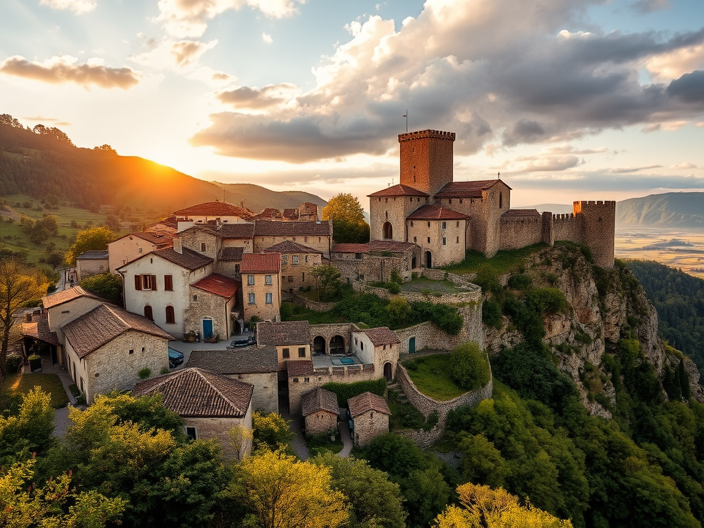 a picturesque hillside village with ancient stone buildings, lush greenery, and a dramatic castle overlooking the landscape during golden hour sunlight