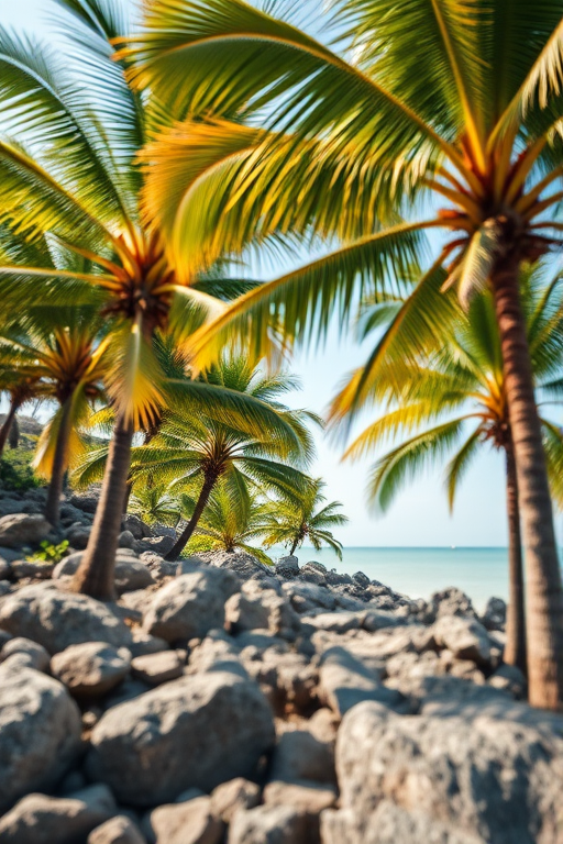 tropical palm trees on rocky terrain, high-resolution, shallow depth of field, aperture f/2.8, ISO 100, 35mm lens, soft natural lighting, DSLR camera type, vibrant color enhancement