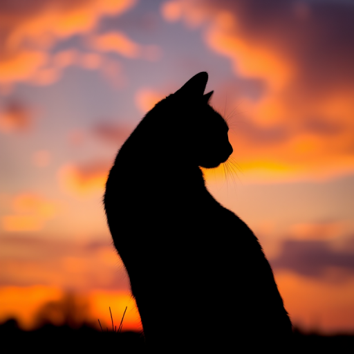 Create a high-resolution image of a stylized cat silhouette against a vibrant sunset background, captured with a Canon EOS R5, 50mm lens, f/1.8 aperture, 1/200s shutter speed, ISO 200, in a landscape orientation for enhanced details and colors.