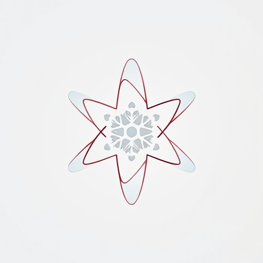 Create a high-resolution vector graphic of an atom with a snowflake motif at the center, featuring smooth, clean lines and a minimalist style, captured with a DSLR camera at f/2.8, 1/60s exposure, ISO 100, using a macro lens for detailed focus, in a soft light studio setting.