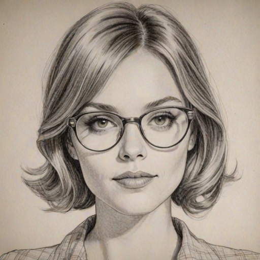 Graceful Amiee Teegarden, pencil sketch, portrait of Ravishing woman 1969s in glasses, hair style beatnik, outline, clear lines, fine lines, 8k