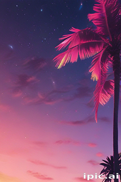 Vibrant Sunset Sky with Lush Palm Trees Under a Starry Night