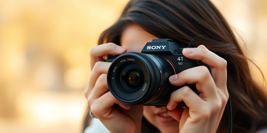 regenerate the image of a woman taking a photograph with a Sony Alpha 7 camera from a close-up perspective, using a shallow depth of field, 50mm focal length, aperture set to f/1.8, ISO 100, and a soft natural light setting for enhanced quality