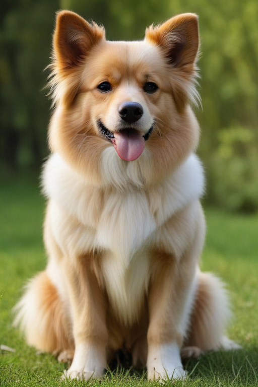 A Happy, Fluffy Dog Sitting Calmly in a Lush Green Field