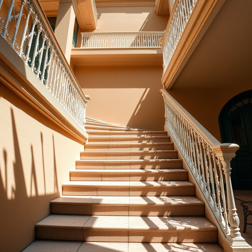 Regenerate a high-resolution image of an elegant outdoor staircase with a curved railing and steps, captured from a low angle using a Canon EOS R5 camera at f/8, ISO 100, 1/125s, with a wide-angle lens, bright natural lighting to enhance detail and shadows.