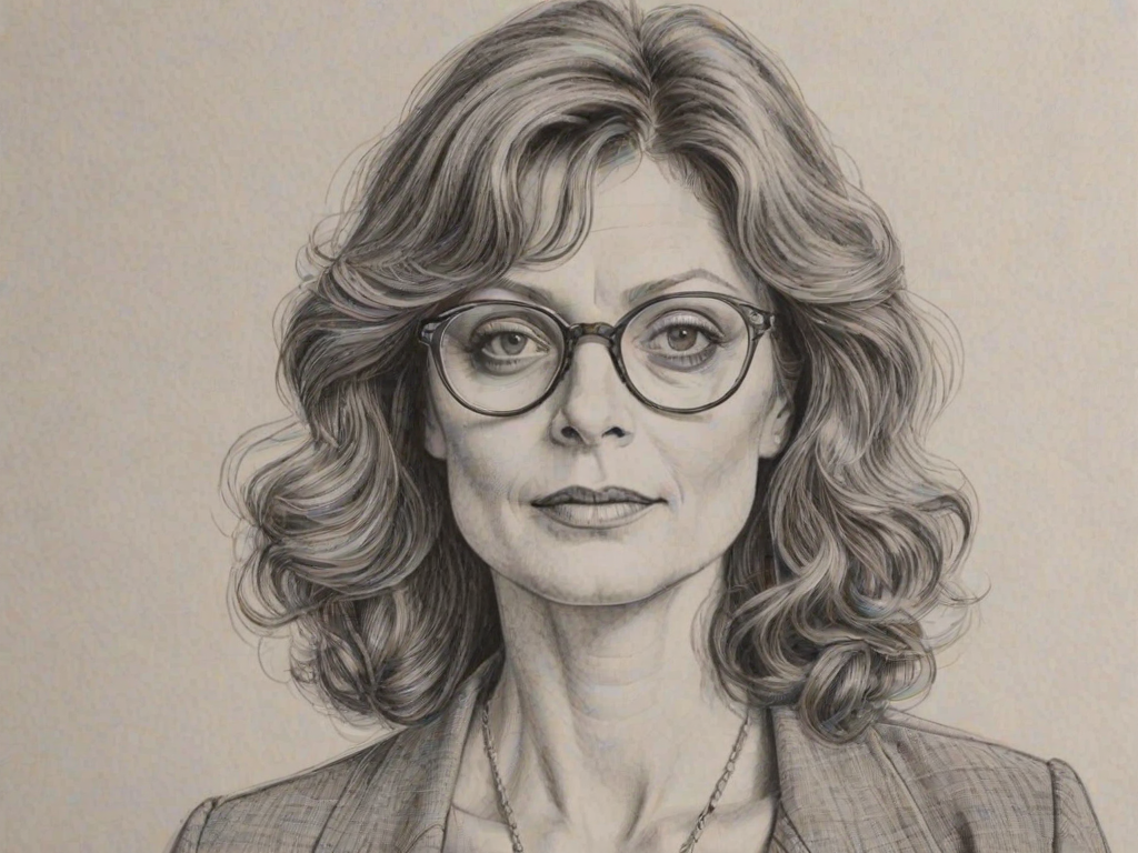 Charming Susan Sarandon, pencil sketch, portrait of Resplendent woman 1974s in glasses, hair style beatnik, outline, clear lines, fine lines, 8k