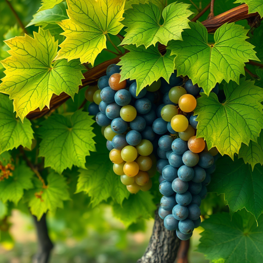 Create a highly detailed illustration of a grape vine with lush green leaves and clusters of grapes, captured in macro view, f/2.8 aperture, ISO 100, using a DSLR camera, with a soft focus background to enhance the vibrant colors of the grapes and foliage.