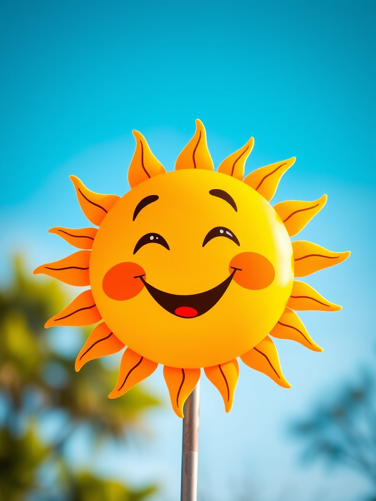 Generate a bright, cheerful cartoon sun with a smiling face and rosy cheeks, using vibrant yellow and warm orange colors, captured with a DSLR camera at f/2.8 aperture, 50mm lens, in a soft-focus style to enhance the playful features and colors of the sun.