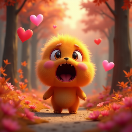 A fluffy orange creature with large eyes and a wide open mouth stands on a path in a whimsical forest, bright pink and red hearts float through the air, the creature has a surprised expression, the light is warm and soft, photorealistic, digital art, 3D style