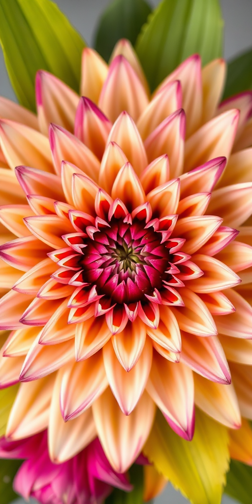 generate a highly detailed symmetrical floral arrangement with intricate layers and vivid colors, using a macro lens at f/2.8 for shallow depth of field, ISO 100, with natural soft lighting in a studio environment, capturing the textures and nuances of the petals and leaves.