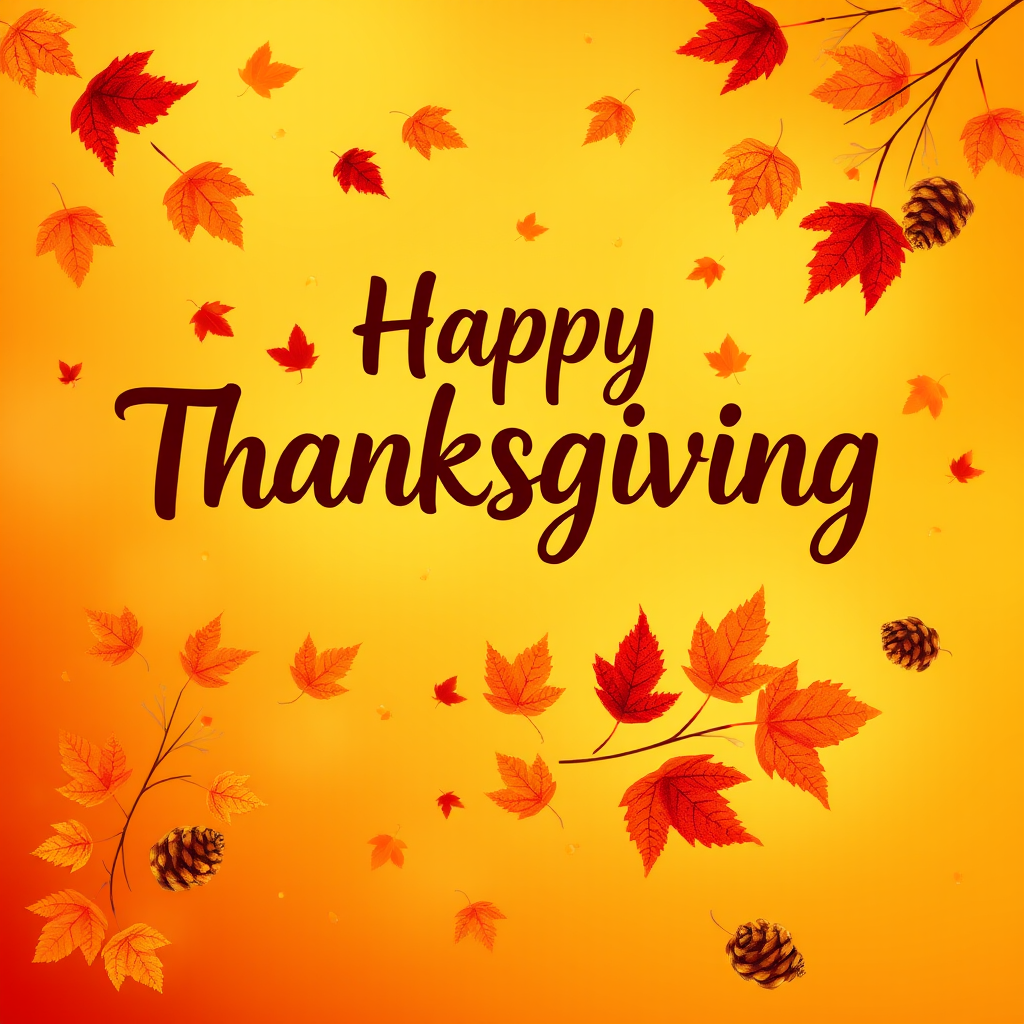 Create a warm and festive autumn-themed image with a gradient background of orange and yellow hues. Include a variety of falling leaves in shades of red, orange, and brown. In the center, display the text "Happy Thanksgiving" in a stylish and inviting font, using a dark brown color for contrast. Add subtle decorative elements like pine cones and additional leaves for a cozy, seasonal feel.