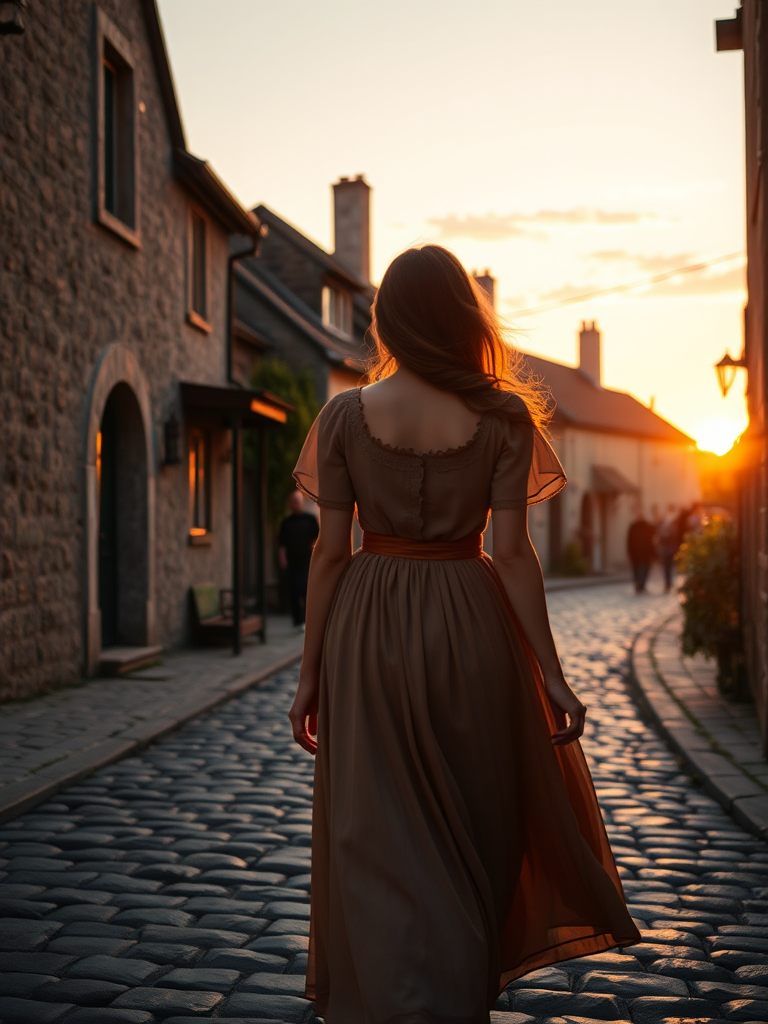Create an image of a woman in a vintage dress walking through a cobblestone village street at sunset, with cottages in the background, using a full-frame DSLR camera, 50mm lens, f/1.8 aperture, ISO 100, 1/200 second shutter speed, warm color tones for a dramatic effect.