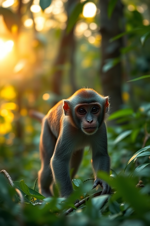 A close-up shot of a monkey walking through a lush green jungle, golden sunlight filtering through the trees, high dynamic range, 50mm lens, f/2.8 aperture, ISO 200, natural light, DSLR camera.