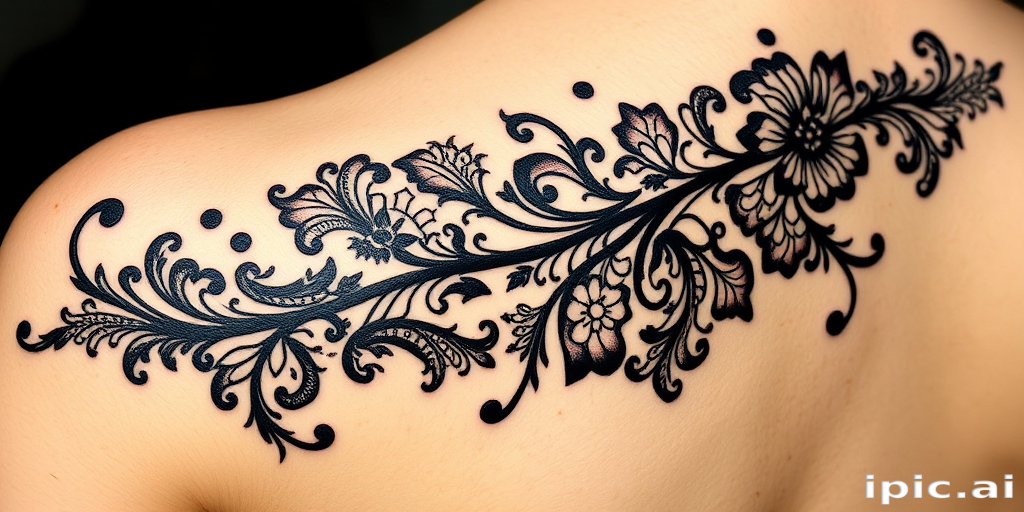 Ornamental blackwork tattoo titled "Lace Elegance" featuring intricate filigree patterns and delicate lacework designs flowing gracefully across the skin in bold black ink