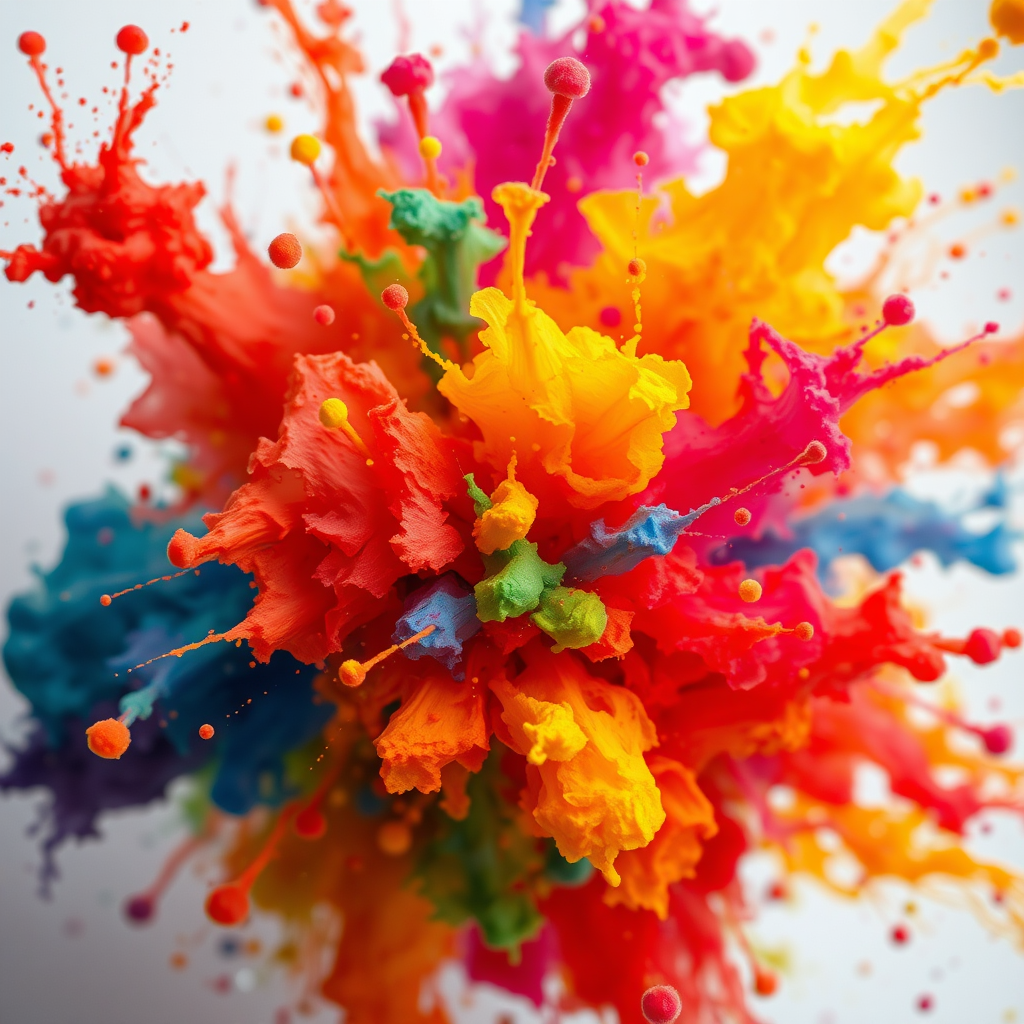 vibrant abstract watercolor explosion with bold colors of red, orange, yellow, green, blue, and purple, high saturation, soft focus background, DSLR camera, 50mm lens, f/1.8 aperture, 1/125 sec shutter speed, ISO 100